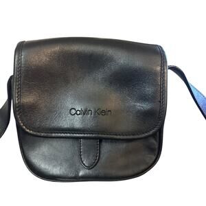 Calvin Klein Black Leather Crossbody Bag Flap Closure Y2K 90s Retro Vintage